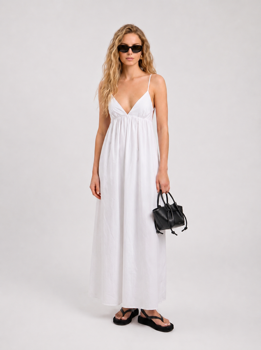 Women's Casual Cotton Maxi Dress | Elegant Open Back Sleeveless V-Neck White