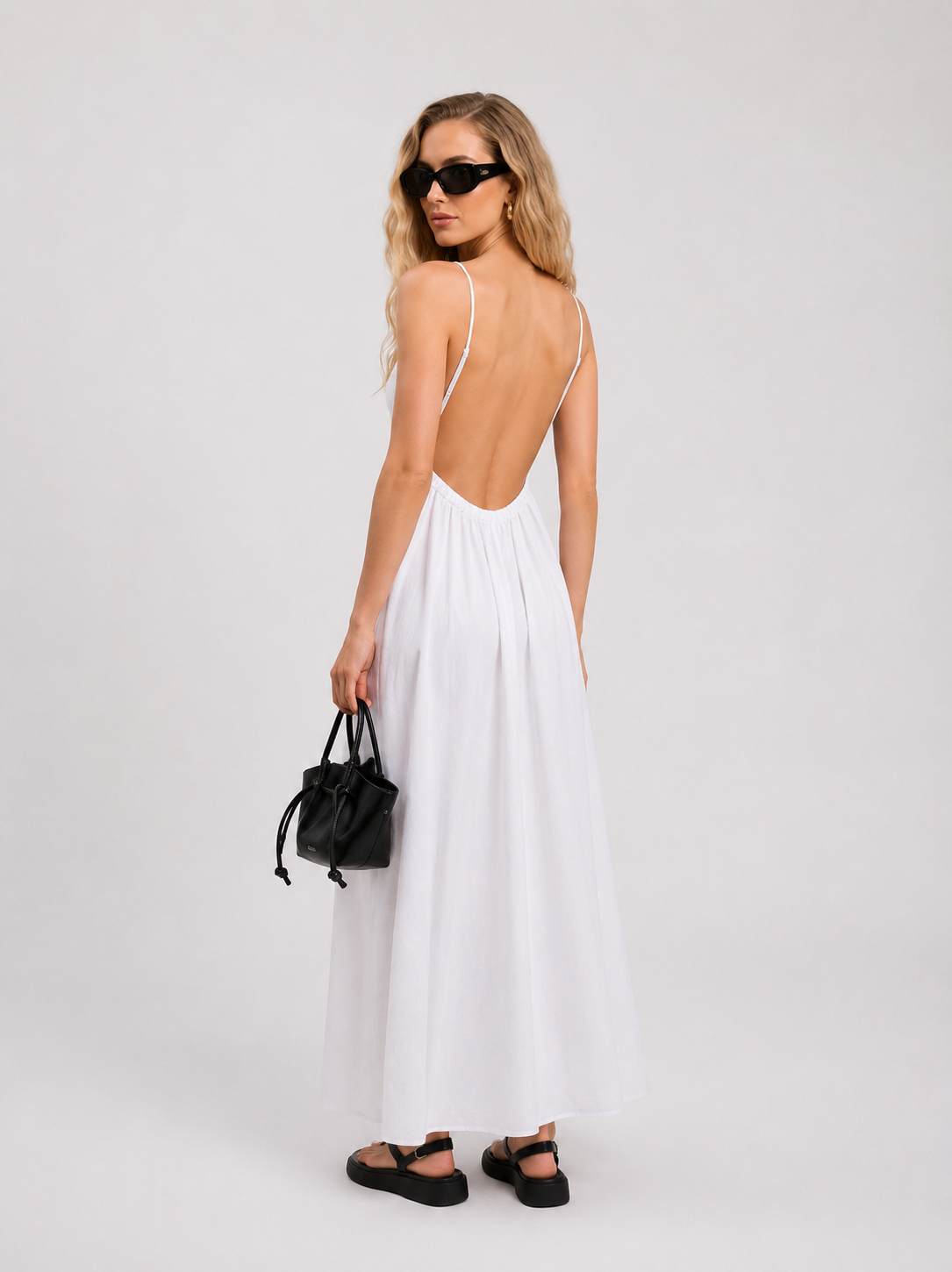 Women's Casual Cotton Maxi Dress | Elegant Open Back Sleeveless V-Neck White