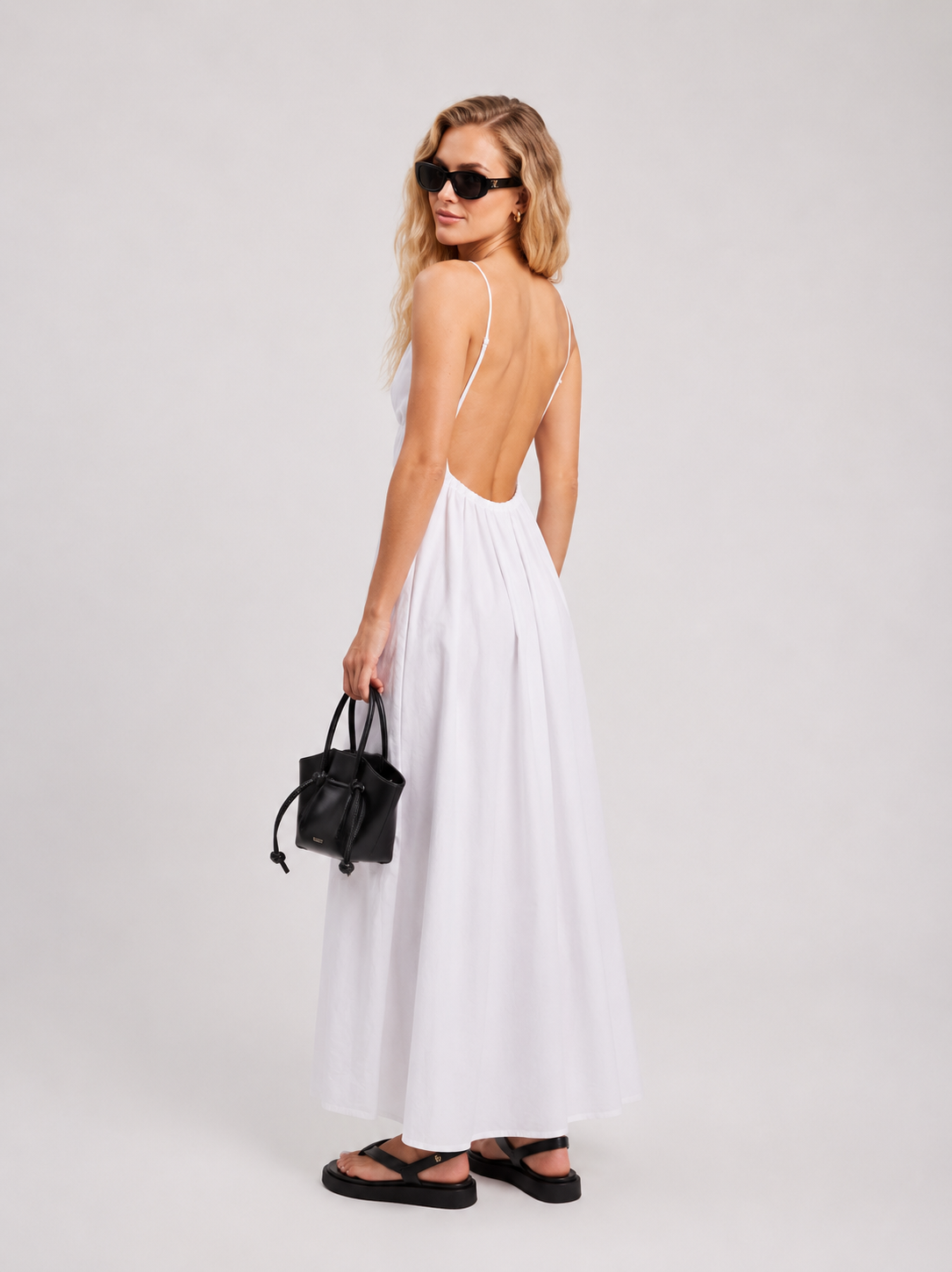 Women's Casual Cotton Maxi Dress | Elegant Open Back Sleeveless V-Neck White