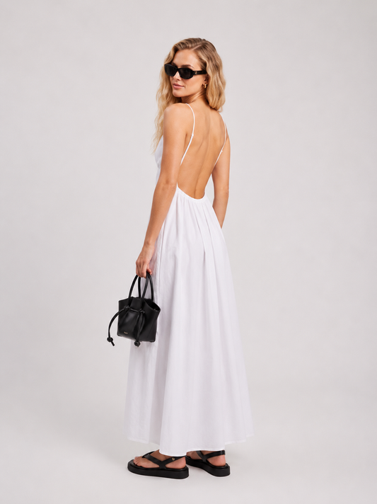 Women's Casual Cotton Maxi Dress | Elegant Open Back Sleeveless V-Neck White