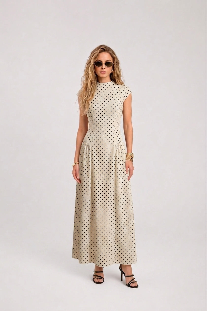 Women's Polka Dot Maxi Dress | Elegant High Neck Cap Sleeve Full Skirt