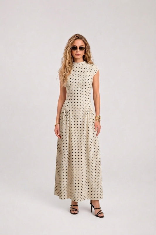 Women's Polka Dot Maxi Dress | Elegant High Neck Cap Sleeve Full Skirt