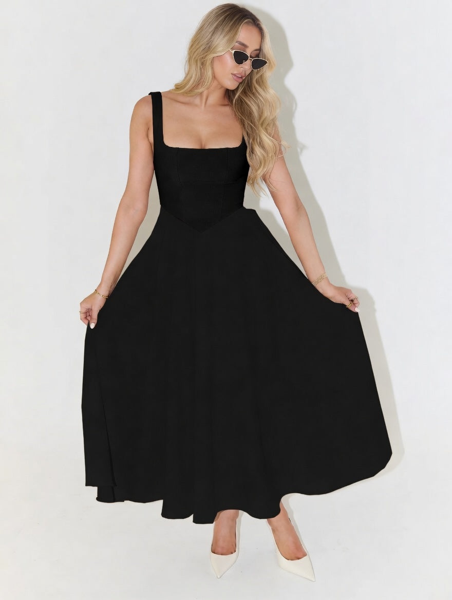 Women's Elegant Midi Dress | Modern Square Neckline Sleeveless Design Black