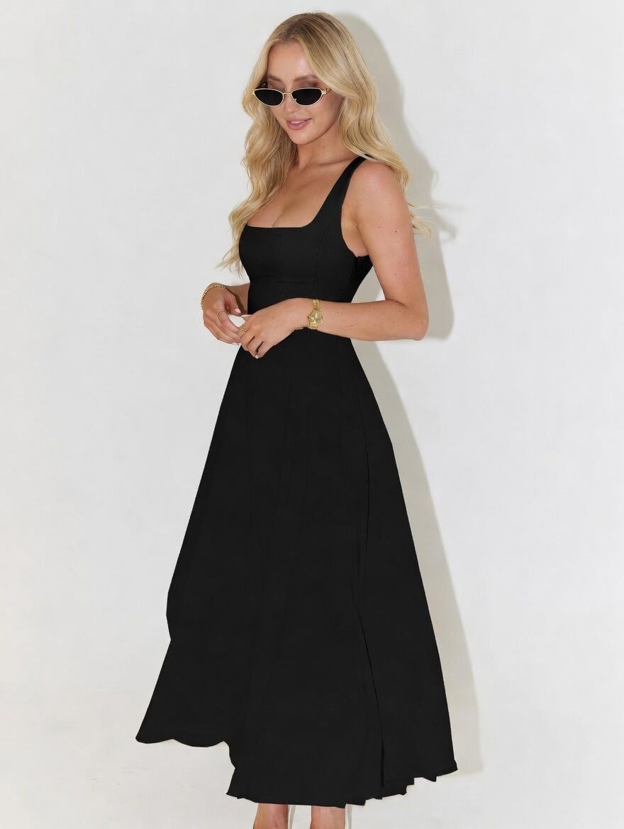Women's Elegant Midi Dress | Modern Square Neckline Sleeveless Design Black