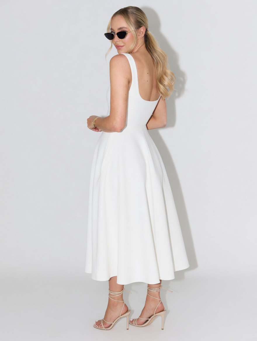 white sleeveless midi dress