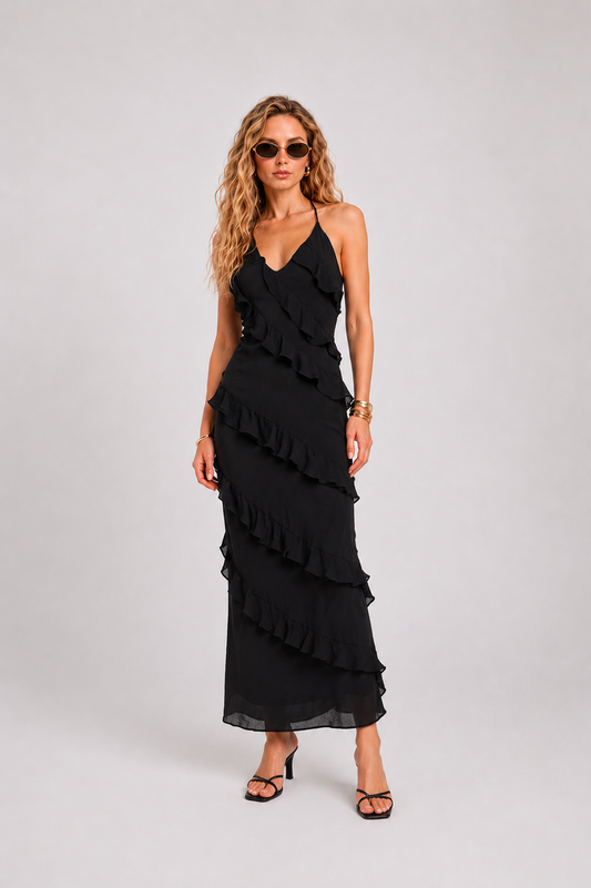women black ruffle maxi dress