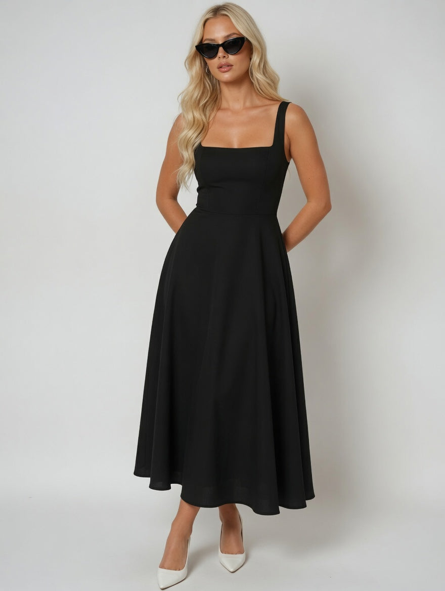 women black square neck midi dress