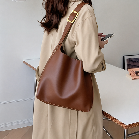 women brown PU leather shoulder bag