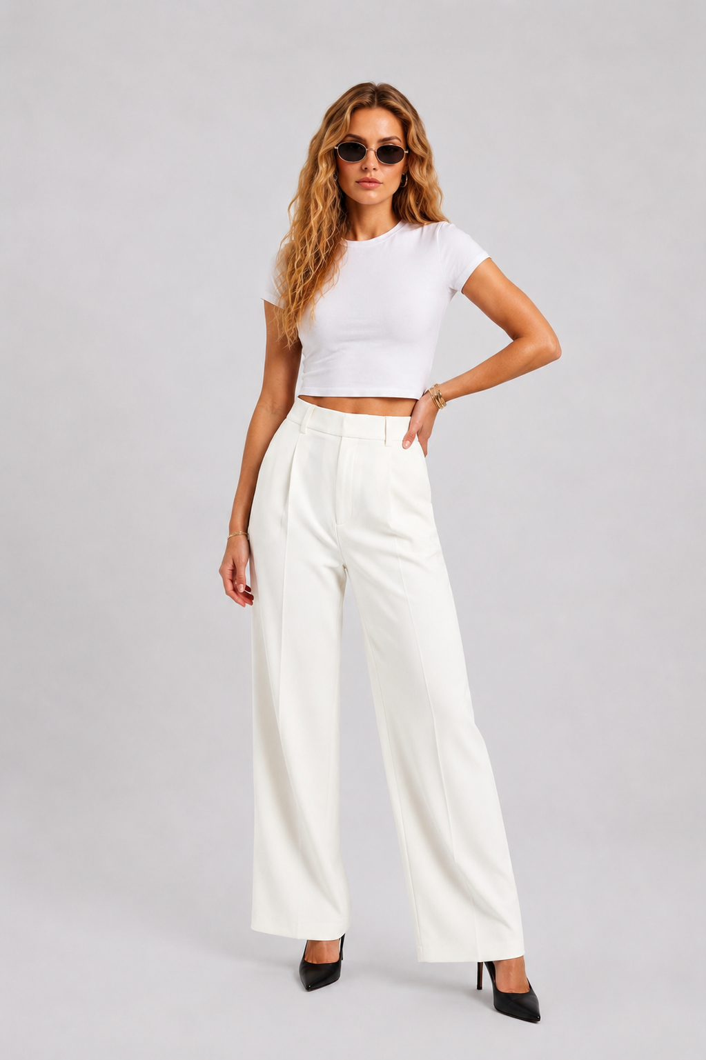 women cream wide leg trousers