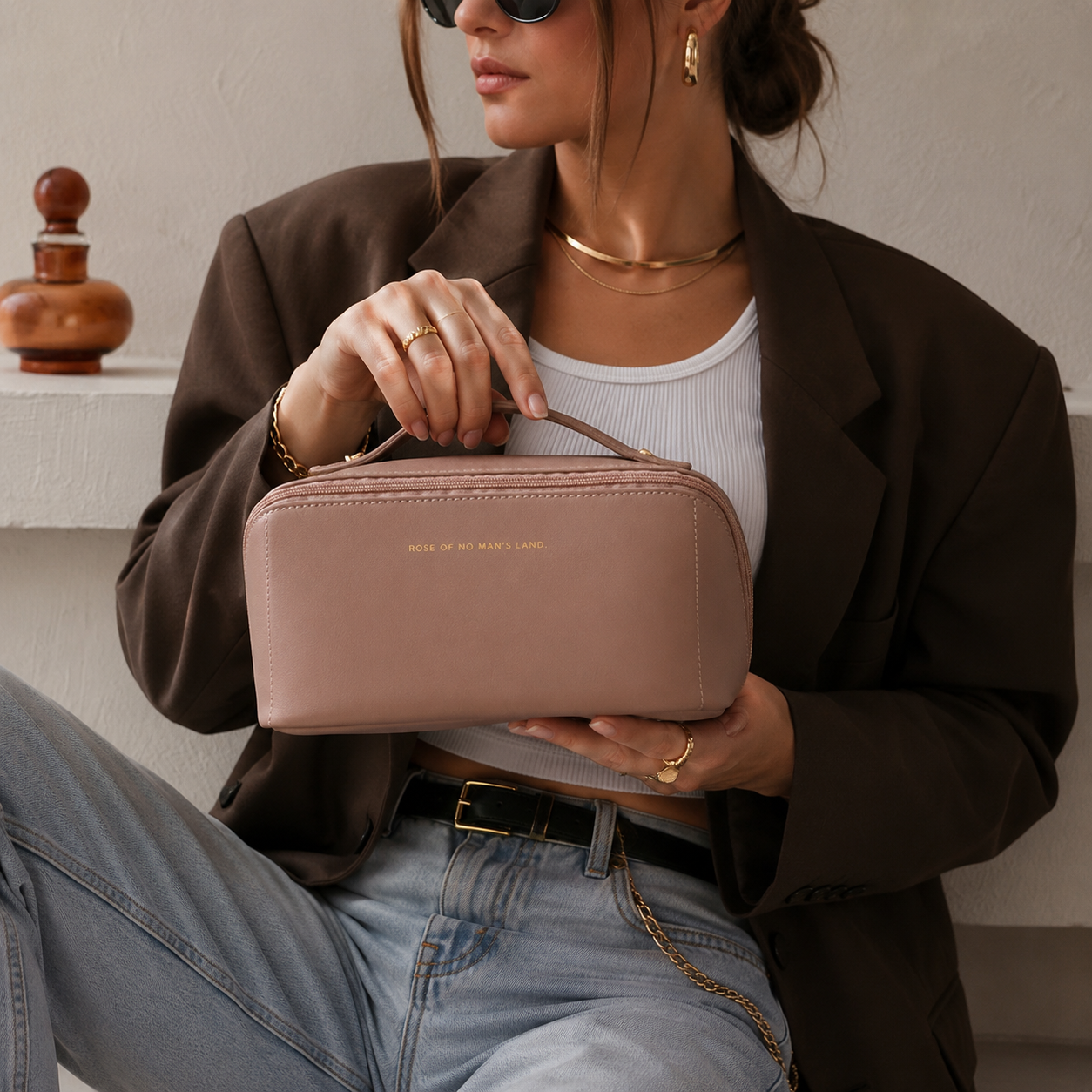 women pink PU leather cosmetic bag