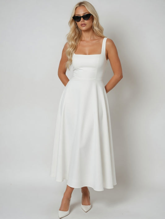 women white square neck midi dress
