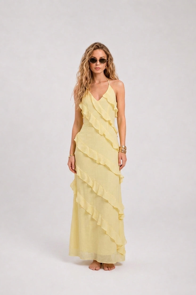 women yellow ruffle maxi dress