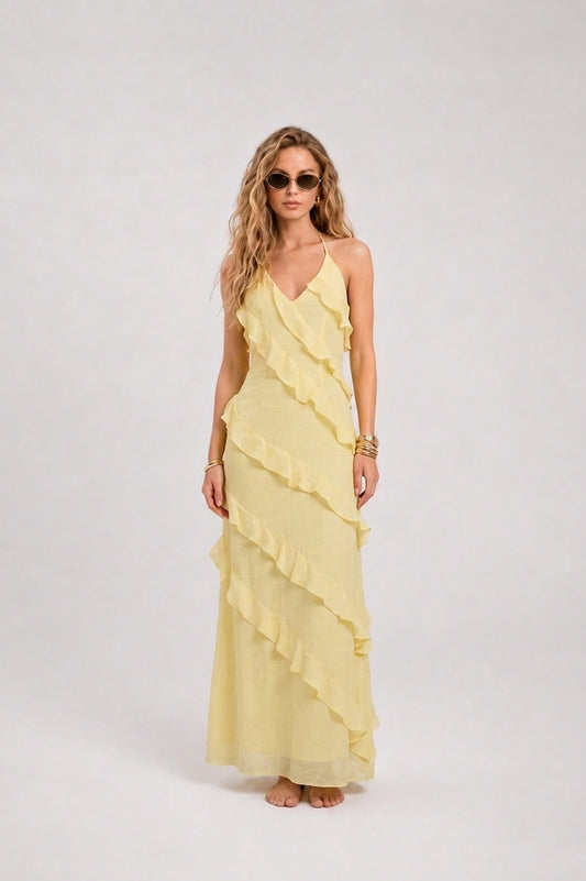 women yellow ruffle maxi dress