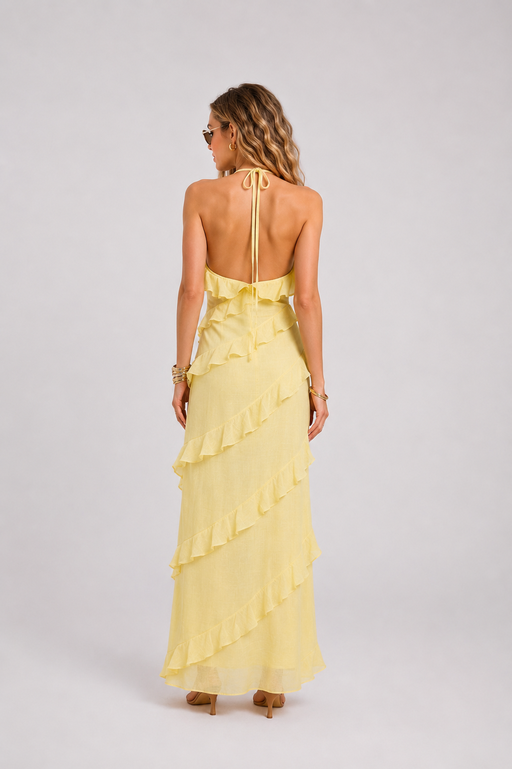 yellow v neck maxi dress